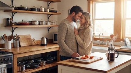 Romantic couple posing in a cozy kitchen intimate moment home environment warm lighting love and connection