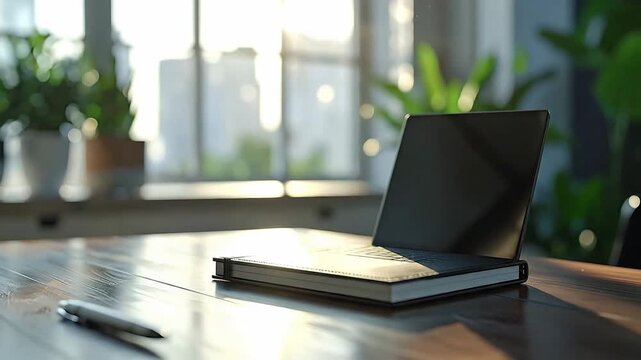 Laptop on desk in bright, airy room with plants and sunlight shining through.