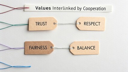 Values Interlinked by Cooperation with Trust, Respect, Fairness, and Balance on Wooden Tags Against a Light Background