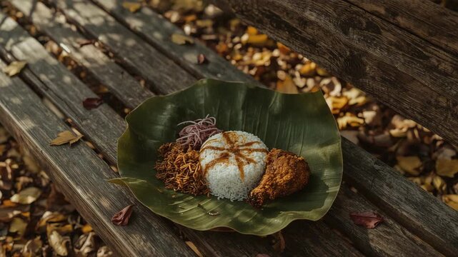 A traditional Southeast Asian meal featuring a mound of coconut rice (Nasi Lemak) drizzled with sweet soy sauce, served with crispy fried chicken and side dishes.
