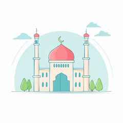 Minimalist Islamic Mosque Illustration with Crescent Moon and Minarets