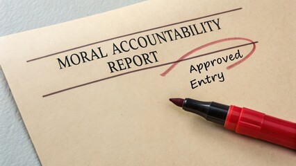 Unique Moral Accountability Report Document with Approved Entry Marked by Red Pen on a Light Surface