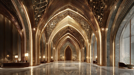 Obraz premium Luxurious Golden Hall with Ornate Arches and Reflections