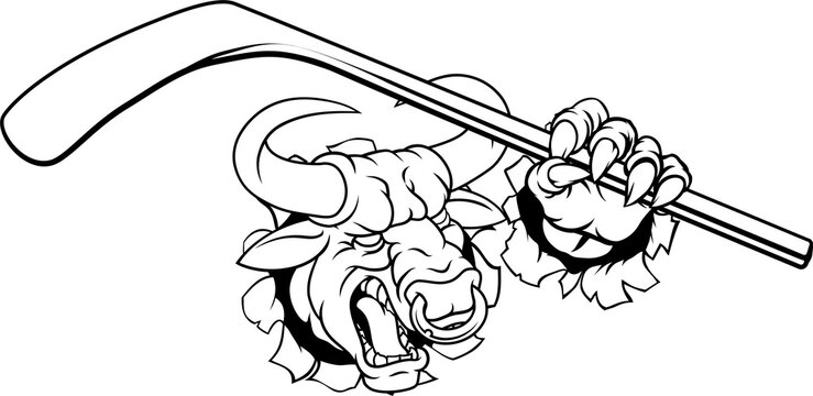 A bull or Minotaur monster longhorn cow angry mean ice hockey mascot cartoon character. 