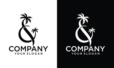 Creative Letter C with coconut and palm tree  logo design. Summer and beach tree unique vector illustration.