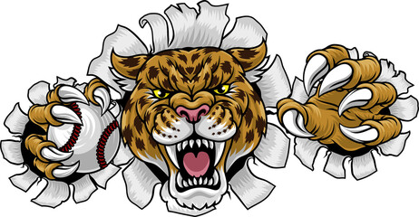 A jaguar, panther, leopard or cheetah wildcat spotted cat baseball team mascot holding a ball © Christos Georghiou