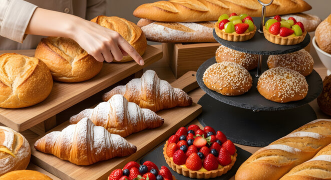 Hand pointing at fresh croissants, bread, and fruit tarts on a b