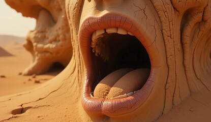 A creative and surreal digital art piece featuring a giant, detailed human mouth emerging from the desert sand, depicting cracked skin textures and a barren wasteland environment