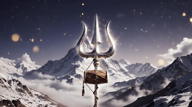 Maha Shivaratri background with glowing trishul, damru and soft Himalayan mist with spark particles