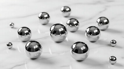 Liquid Chrome Droplets on White Marble Surface Macro