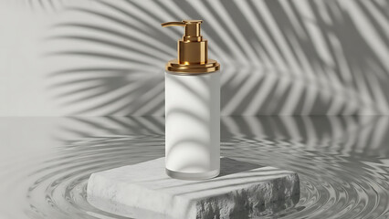 Frosted Glass Cosmetic Pump Bottle Mockup with Stone Pedestal