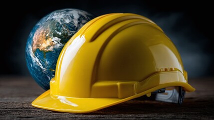 A construction helmet and the globe. The image is a reminder of the need to protect and preserve the planet through responsible environmental practices in construction.