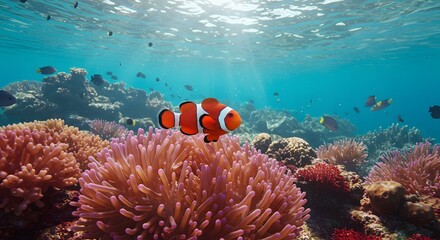 Colorful Underwater Coral Reef Scene with Clownfish and Tropical Fish