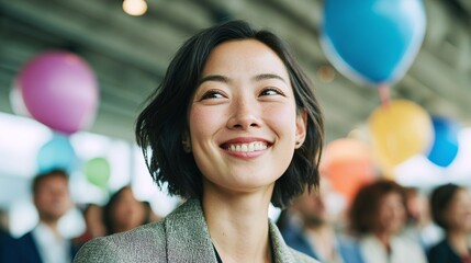Smiling woman looking up against background of balloons and blurred people, radiates joy in a celebratory event, embodying a positive and engaging atmosphere.