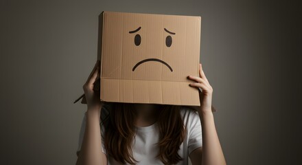 Person Holding Cardboard Box with Sad Face Illustration in Studio Setting