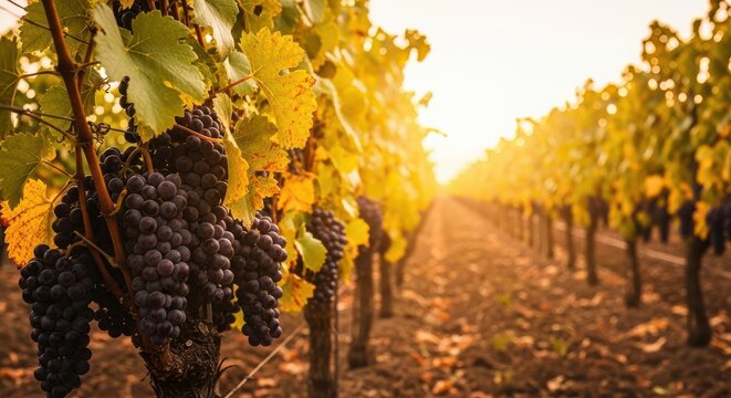 Ripe purple grapes on vines at sunset - Powered by Adobe