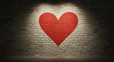 Red Heart Graffiti on Brick Wall Illuminated by Spotlights