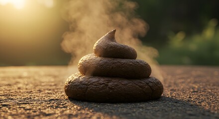 Hot Chocolate Pile with Steam Rising on Ground in Warm Sunset Light