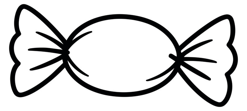Hand drawn line art illustration of a wrapped candy depicting a sweet treat for confectionery design