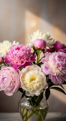 Soft Pink and White Peonies in Glass Vase