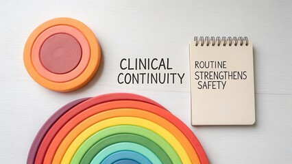Colorful clay circles with a notepad emphasizing clinical continuity and routine for enhancing safety in various settings