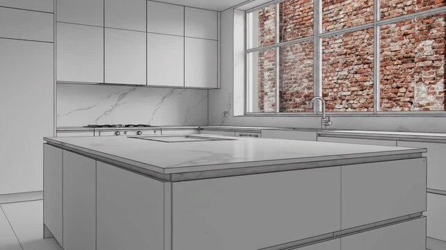 Modern kitchen interior design concept with white marble island and cabinets featuring a large window with exposed brick view, sketch rendering