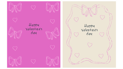 Сute Valentine&rsquo;s Day greeting cards set with doodle bow frame. Hand drawn crayon poster. Cartoon isolated vector illustration