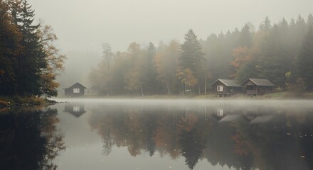 Misty Autumn Forest Scene with Reflection and Small Cabins by the Water