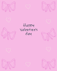 Сute Valentine&rsquo;s Day greeting card with doodle bow frame. Hand drawn crayon poster. Cartoon isolated vector illustration