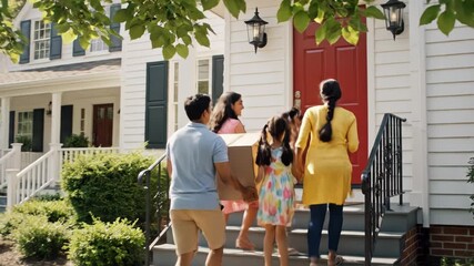 Smiling indian family unloading moving boxes from a white cargo van in front of their new suburban home on a sunny day