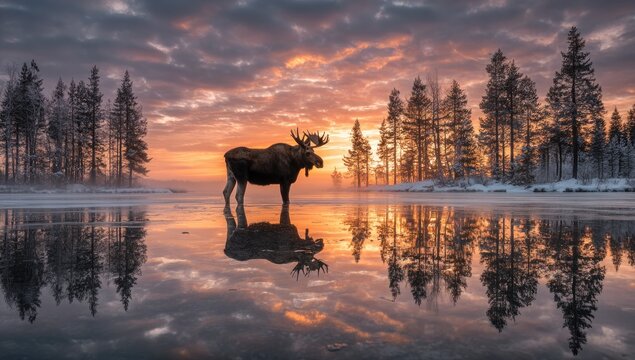 Majestic moose at winter sunrise
