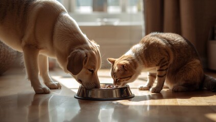 Golden retriever dog and ginger cat eating together from the same bowl.