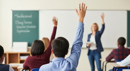 Students Raising Hands Answering Teacher Question