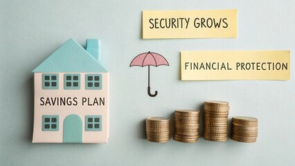 Creative Savings Plan Concept with House Model, Coins, Umbrella, and Financial Protection Notes on Light Background