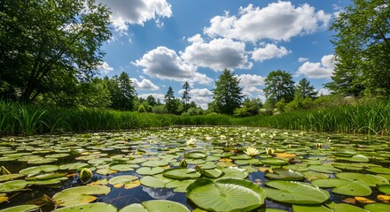 Serene Pond with Water Lilies Surrounded by Green Trees and Bright Blue Sky