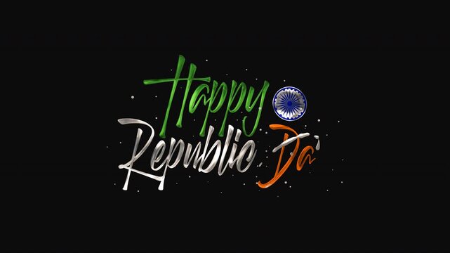 Happy republic day text animation greeting with indian flag colors suitable for social media posts, presentations, websites, banners, and educational materials celebrating indias national holiday.