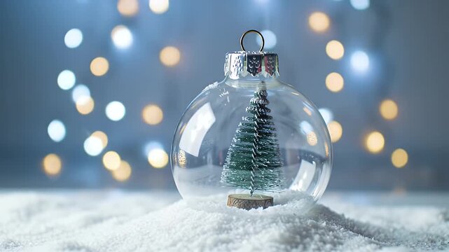 Decorative Glass Christmas Ornament Containing a Tiny Pine Tree Resting on Snow With Soft Bokeh Lights in Background