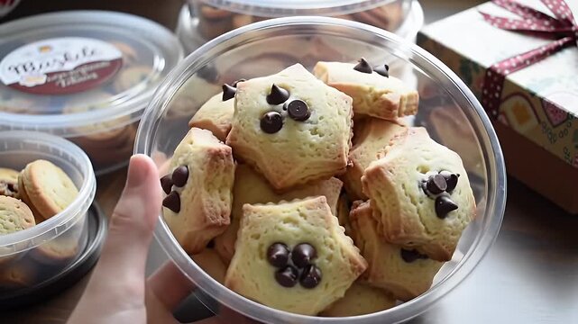 Delicate Clear Plastic Round Gift Box Containing Square Cream-Colored Cookies with Chocolate Chips