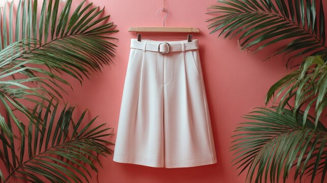 Cream colored culottes hanging with palm leaves and a coral background