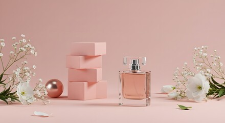 Elegant Pink Perfume Bottle with Flowers and Decorative Blocks on Soft Pink Background
