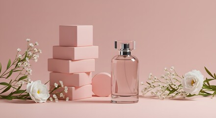 Elegant Pink Perfume Bottle with White Flowers and Pink Gift Boxes on Soft Pink Background