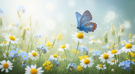 Blue butterfly on daisy in a field