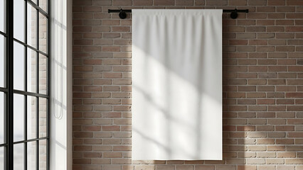Vertical Blank Fabric Banner Mockup on Industrial Brick Wall