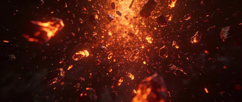 Fire explosion lava meteor asteroid space vdo loop burning debris with dramatic fiery lava explosion and floating magma rock ash spark chaos in dark space hot ember particle field