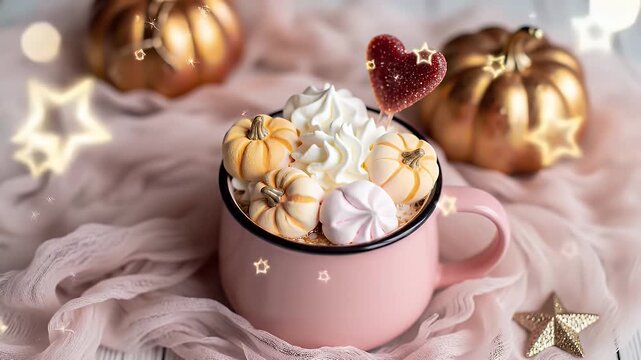 A Soft Pink Cup Brimming with Whimsical Marshmallows Amid Cozy Holiday Ambience
