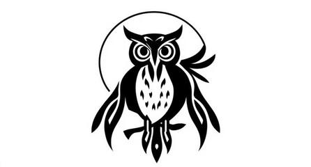Cartoon vector illustration of a black owl silhouette on a branch against a white background featuring tribal nature art and bird wing design for a Halloween tattoo symbol