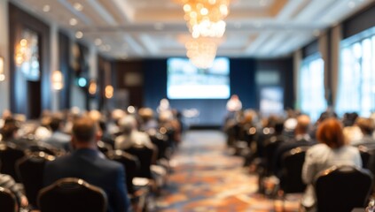 Blurred audience attending a presentation in a large conference room setting.