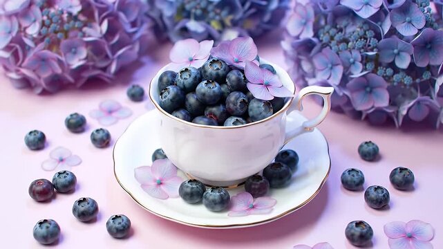 A still life composition featuring blueberries in a teacup surrounded by purple hydrangeas