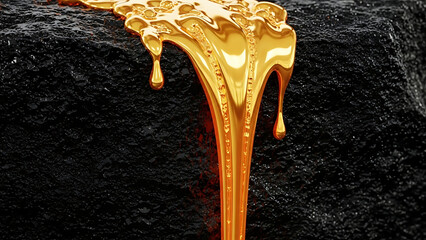 Abstract Liquid Gold Flowing on Raw Black Obsidian Stone