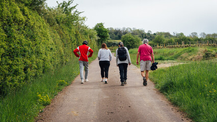 Famille interg&eacute;n&eacute;rationnelle marchant sur une route de campagne. Balade dominicale. Randonn&eacute;e en famille. Jeunes et s&eacute;niors marchant ensemble.